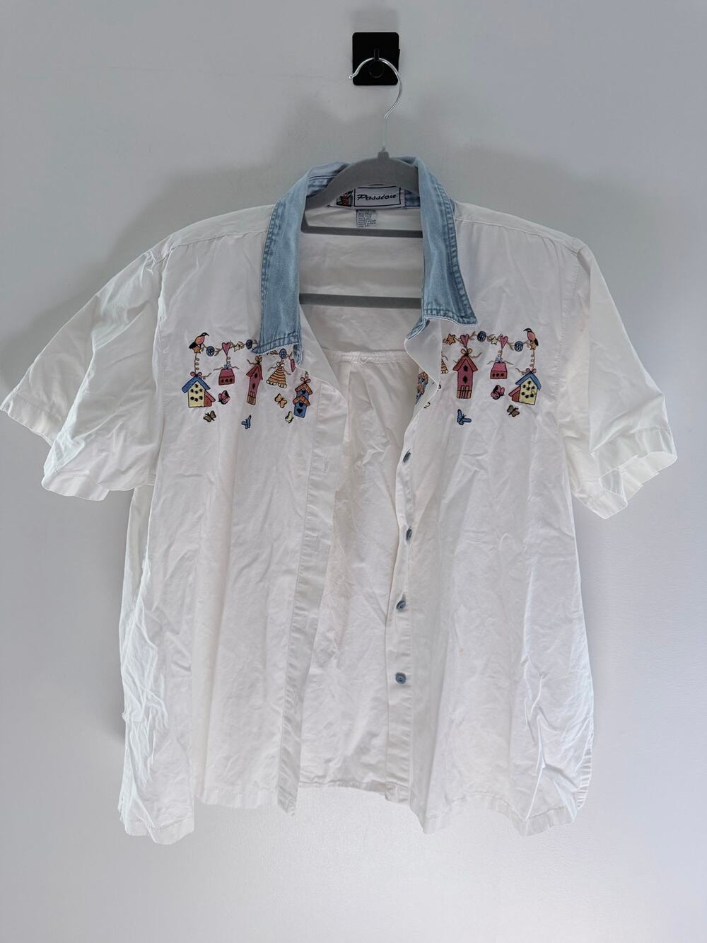 Vintage Passion embroidered birdhouse Cottagecore cotton button-up shirt-Size XL